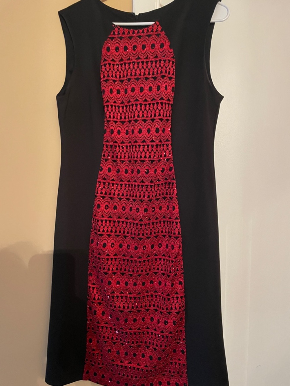 R&M Richards Black Midi Dress with Red Lace Front Panel